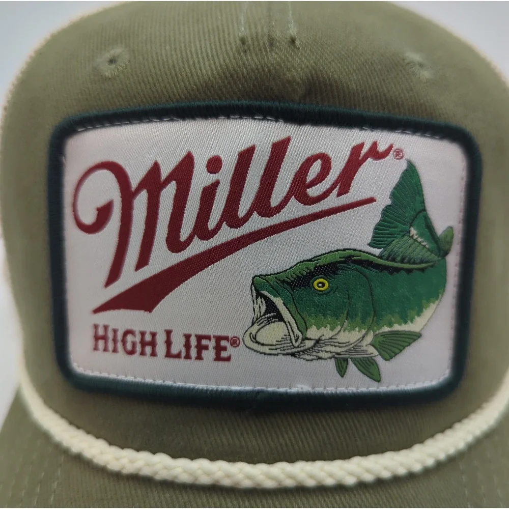 Miller High Life Bass Fishing Trucker Hat Olive Green Tan Snapback Rope Cap NEW